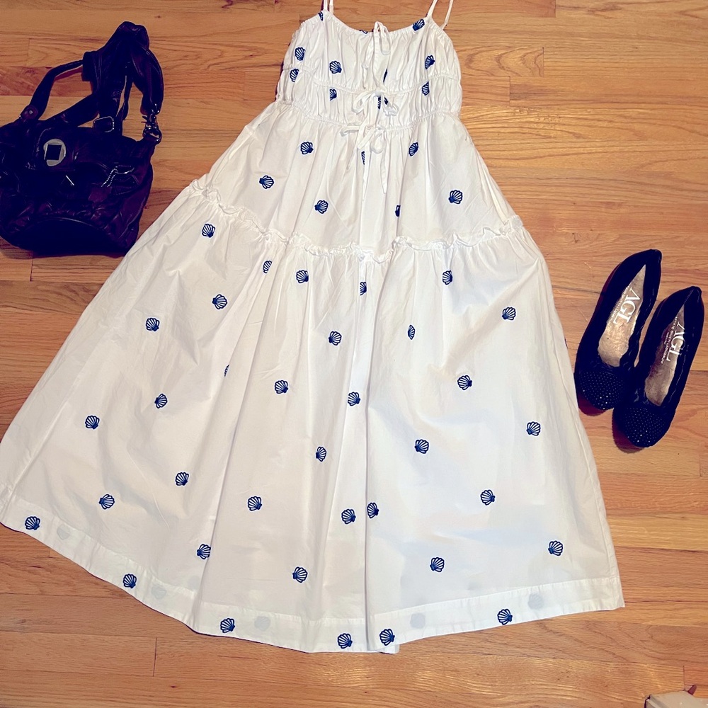 Elegant White Maxi Dress with Blue Dots